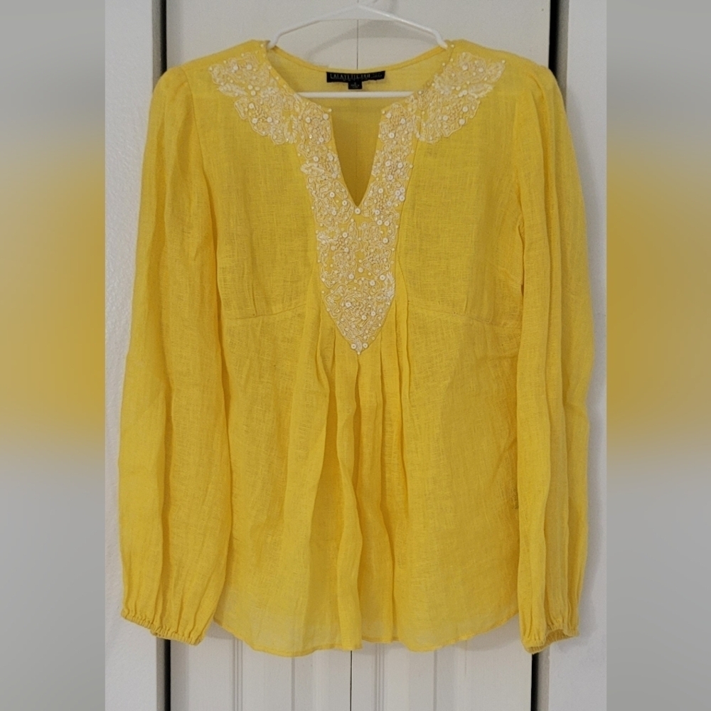 LAFAYETTE 148 Yellow Embroidered Women's Blouse   Linen 100% Size 2P - Picture 3 of 10